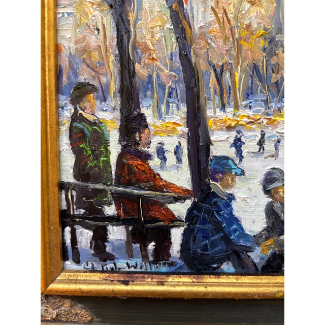 Impressionist Christopher Willett, "Ice Skating in Central Park" Oil on Masonite For Sale - Image 3 of 5