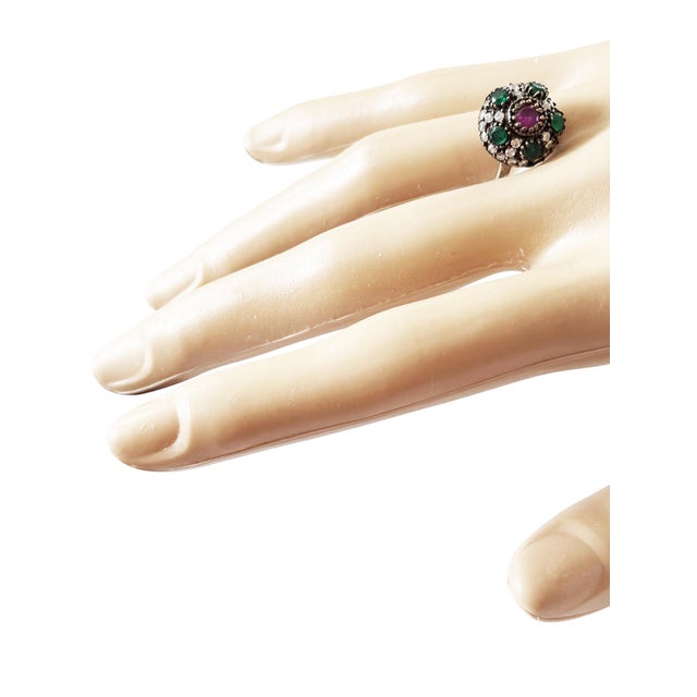 Silver Vintage Natural Ruby, Emerald & Diamond Ring - 925 Sterling Silver Size 7 Jaipur For Sale - Image 8 of 10