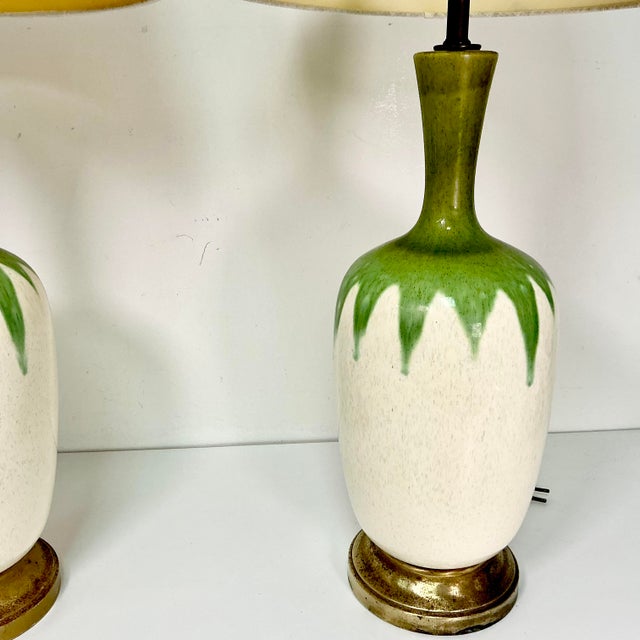 Ceramic Mid-Century Boho Chic Vintage Ceramic Green Drip Table Lamps - A Pair For Sale - Image 7 of 18