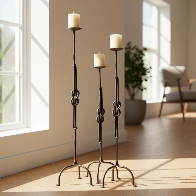 Black Hand Forged Iron Candelabra Set of 3 (88-108cm) Antique Copper Double Stem with Hercules Knot and Arched Base For Sale - Image 8 of 12