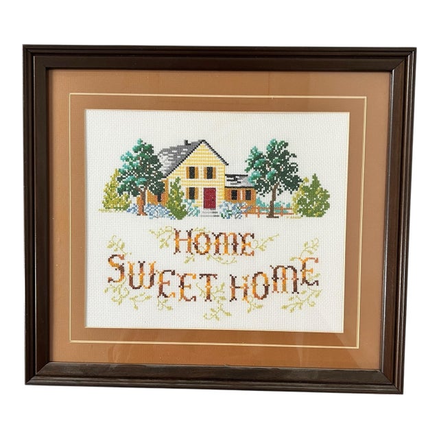 Vintage Crosstitch Handmade Home Sweet Home in Frame For Sale