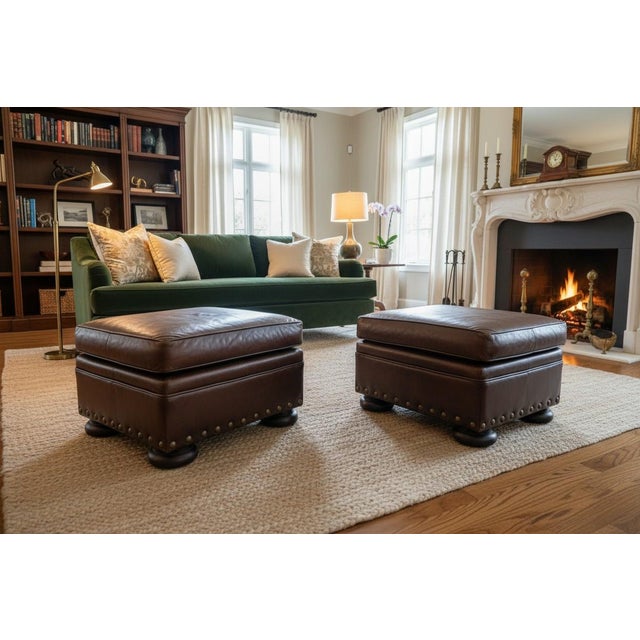 English 1960s Classic Pair of Brown Leather Ottomans With Brass Nailhead Trim For Sale - Image 3 of 16