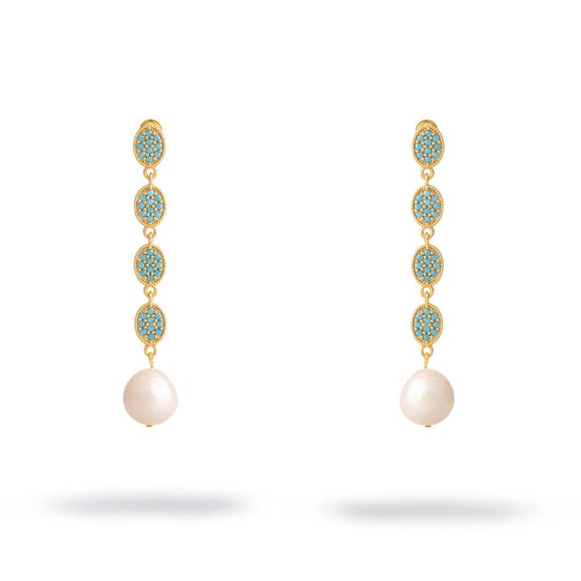 Gemstone Turquoise Harmony Pearl Dangle Earrings, A Pair For Sale - Image 7 of 7