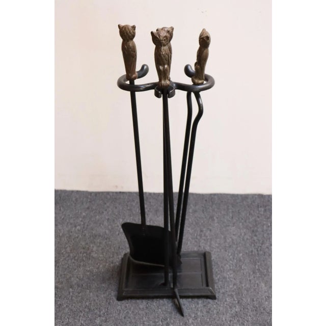 Early 20th Century Iron Fire Tool Set With Cast Brass Owl Form Handles For Sale - Image 4 of 17