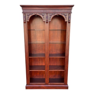 Traditional Illuminated Double Arched Cherry Library Bookcase For Sale