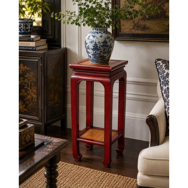 Contemporary Vintage Chinoiserie Crimson Lacquer Pedestal Table With Woven Bamboo Insets For Sale - Image 3 of 4