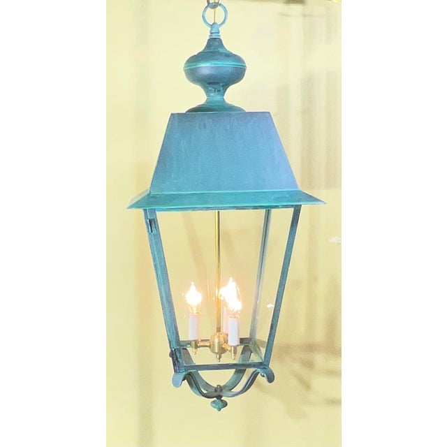 Pair of Solid Verdigris Brass Hanging Lanterns. 14” X 14” X 33” For Sale - Image 11 of 16