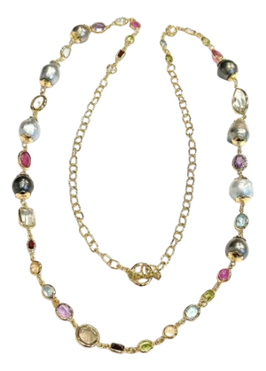 Bochic "Capri" Vintage South Sea Pearls & Multi Gem Necklace 18K Gold & Silver