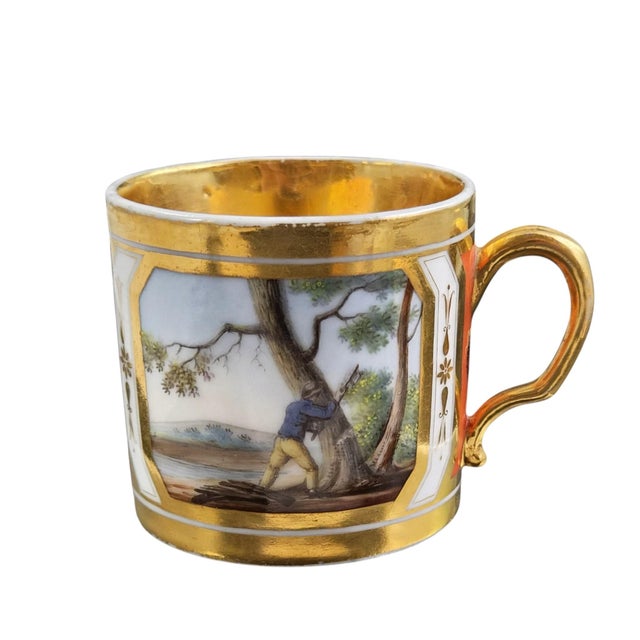 French Paris Porcelain Cup and Saucer with Pastoral Landscapes and Martial Emblems, 1820, Set of 2 For Sale - Image 4 of 10