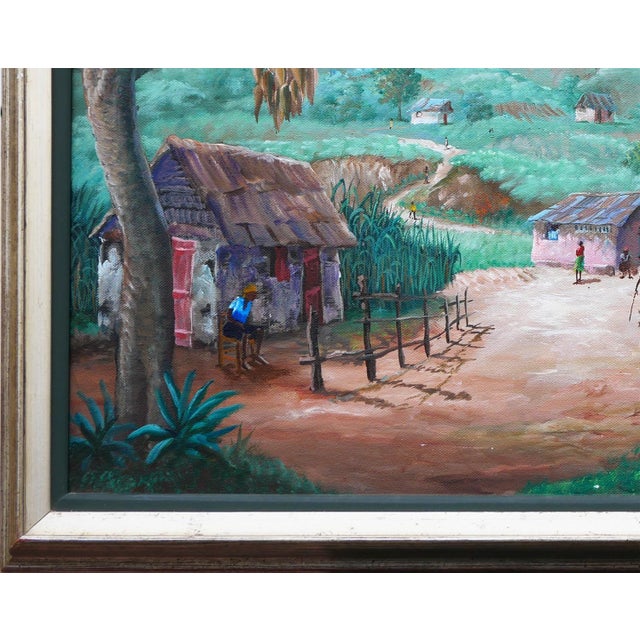 Green Jean-Felix Defournoy Modern Realist Green & Brown Toned Rural Village Landscape Painting w/ Figures, Late 20th Century For Sale - Image 8 of 12