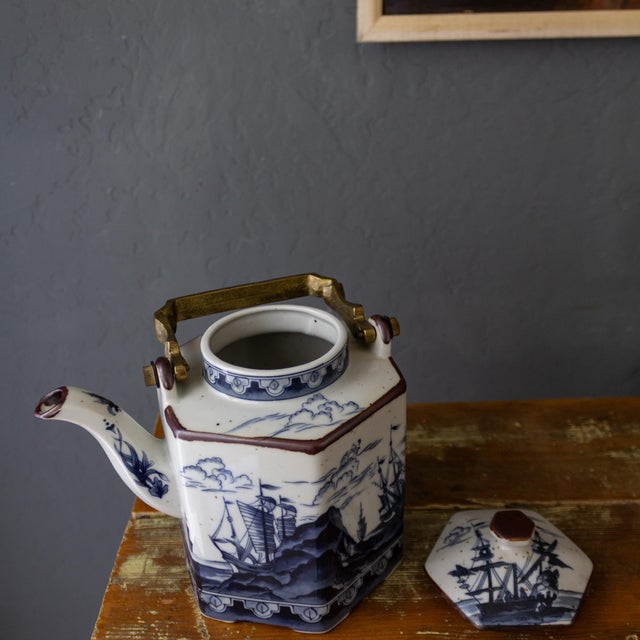 1960s Chinoiserie Nautical Maritime Earthenware Teapot With Blue Nautical Ships For Sale - Image 14 of 16