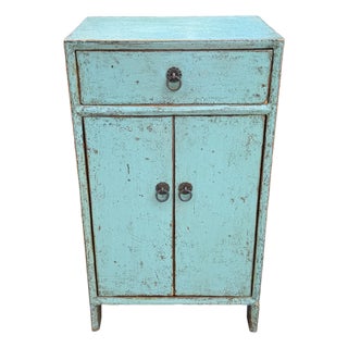 Distressed Turquoise One Drawer Small End Table Nightstand Cabinet For Sale