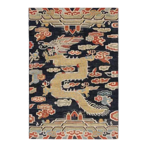 Rug & Kilim’s Contemporary Dragon Rug in Navy Blue With Gold Pictorial