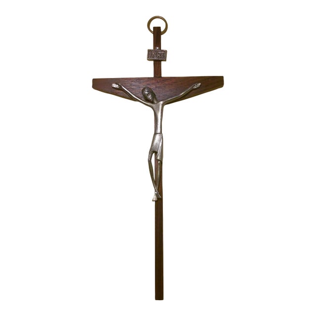 Mid Century Modern Crucifix in Teak and Silver Tone Metal, Italy For Sale