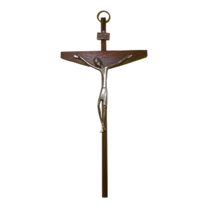 Mid Century Modern Crucifix in Teak and Silver Tone Metal, Italy