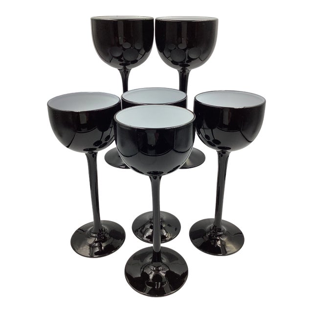 Vintage Carlo Moretti Italy Black & White Cased Glass Tall Stem Cordial Glasses - Set of 6 For Sale