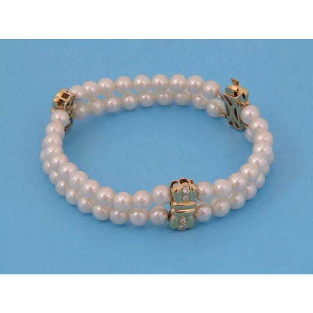 Contemporary Mikimoto Pearl & Diamond 18k Yellow Gold Bow Motif 2 Strand Bracelet For Sale - Image 3 of 7