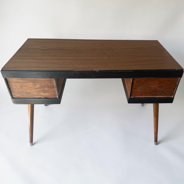 Vintage Mid-Century Modern Walnut Veneer 2-Drawer Desk With Black Trim For Sale - Image 9 of 9