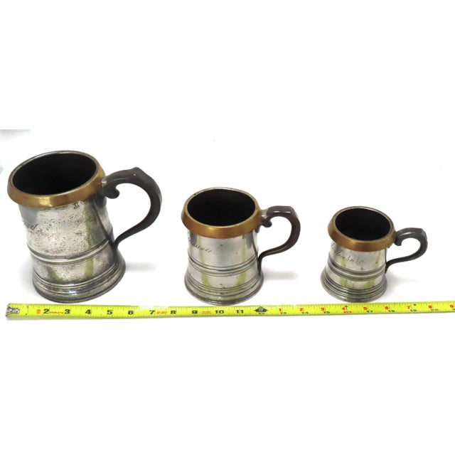 Authentic Matched Set of 3 London Pewter & Brass Imperial Measures Circa Mid 19th Century For Sale - Image 12 of 13