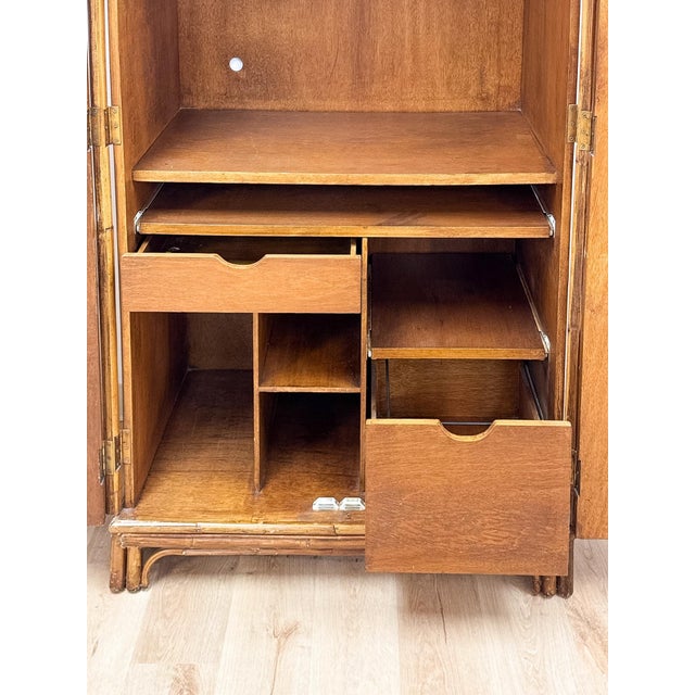 Mid 20th Century Coastal Boho Faux Bamboo Wicker Rattan Armoire Wardrobe Combo With Foldout Desk For Sale - Image 13 of 15