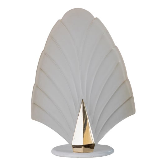 Vintage Murano Glass Table Lamp with Leaf Shaped Glass - White, Gold Metal Base, Italy, 1980s For Sale