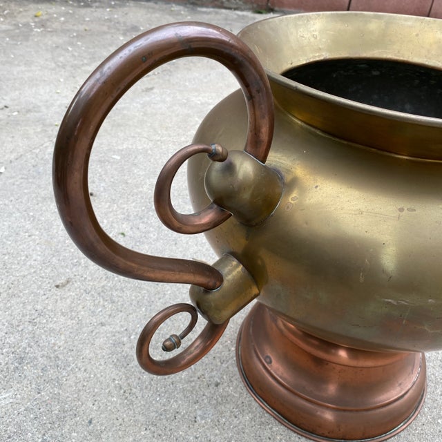 Metal Antique Copper & Brass Double Handle Jardiniere Planter For Sale - Image 7 of 12