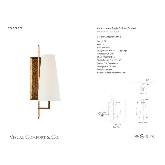 Metal Chapman & Myers for Visual Comfort Signature Ashton Large Single Sculpted Sconce in Gilded Iron with Linen Shade For Sale - Image 7 of 9