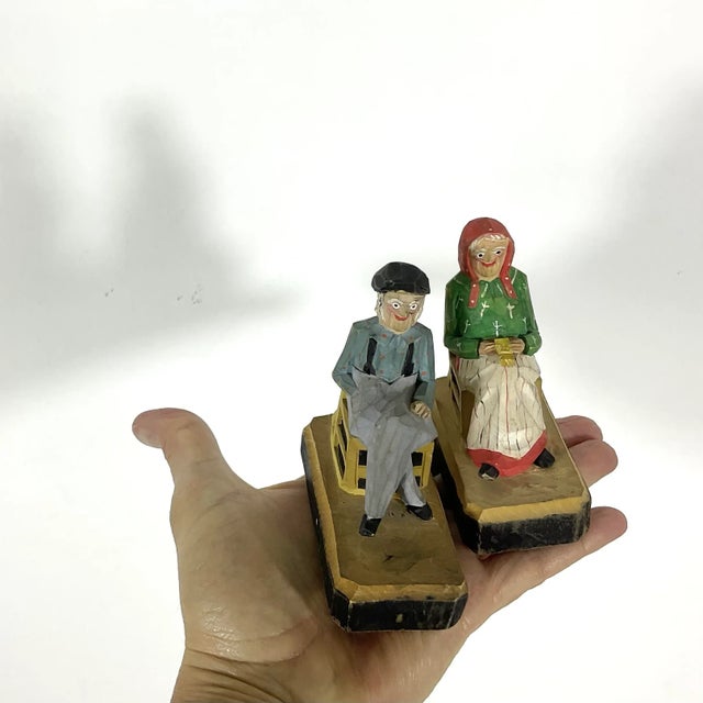 Vintage French Canadian Folk Art Carved and Painted Wood Couple- Set of 2 For Sale - Image 6 of 8