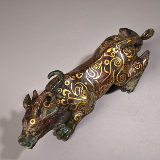 Traditional Antique Gilt Bronze Mythical Beast Sculpture – 9.4" Gold Inlaid Guardian Figure For Sale - Image 3 of 9
