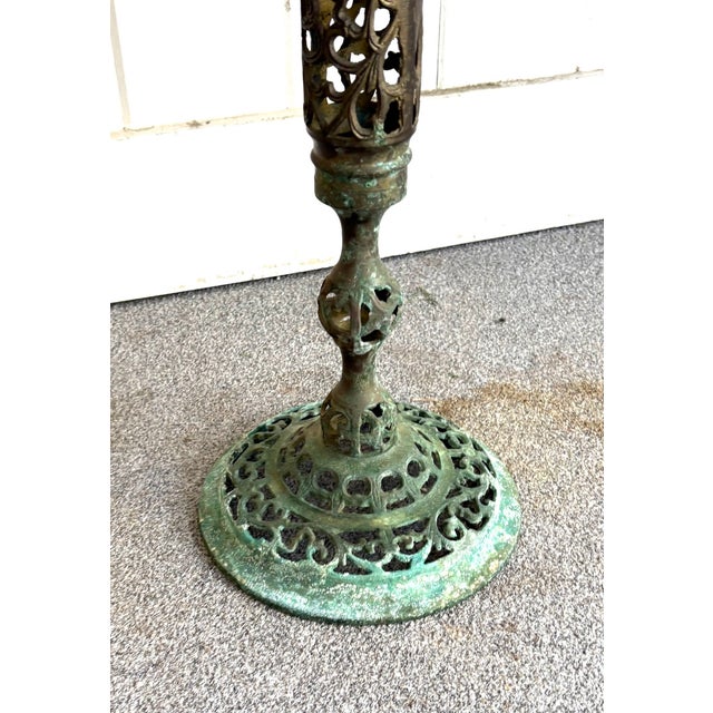 1920s-30s art deco reticulated brass base / white marble-top side table. Patina to brass base throughout as shown.