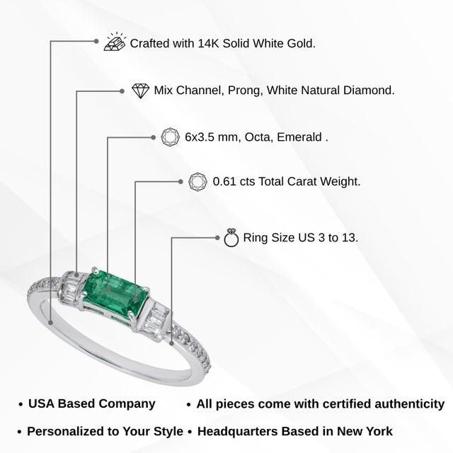 14k Gold East-West Zambian Octagon Emerald & Baguette Diamond Ring Size 7 For Sale - Image 13 of 18