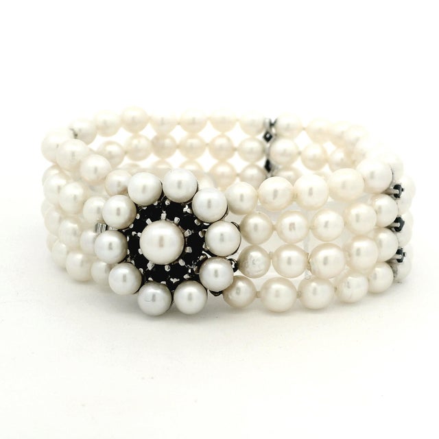 Vintage Retro Multi-Strand Pearl and Sapphire 14k White Gold Bracelet For Sale - Image 13 of 15
