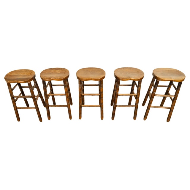Antique Set of Five Antique Arts & Crafts Turned Elm Bar Sadle Seat Stools 1900 For Sale - Image 4 of 18
