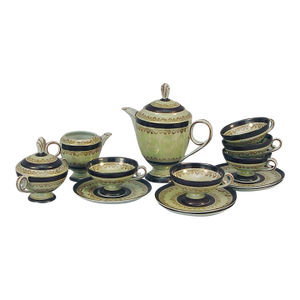 1920s German High Style Art Deco Porcelain Tea Set, Lustre Green, Highly Decorated, Bremer & Schmidt- 13 Pieces