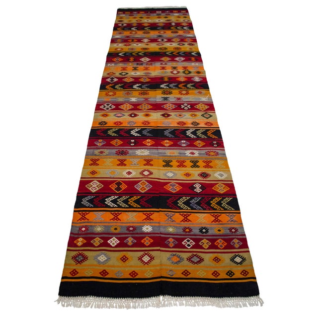 Vintage Turkish Kilim Runner Handwoven Wool Runner Tribal Long Hallway Rug 3x12 Ft Approx For Sale - Image 4 of 10