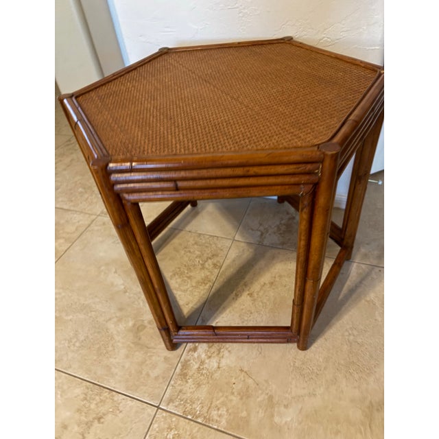 Vintage Asian Chinoiserie Hexagon Faux Bamboo and Rattan Side Table For Sale - Image 4 of 12