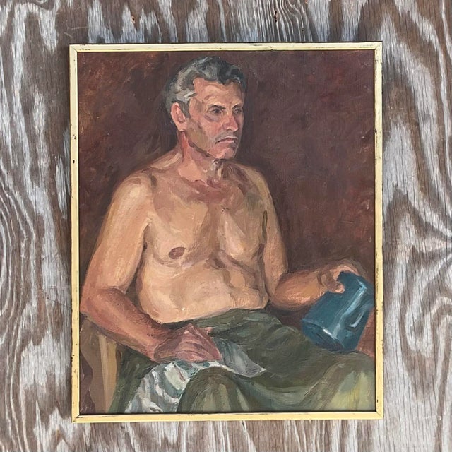 Brick Red Vintage Boho Signed Original Oil Portrait of Man For Sale - Image 8 of 9