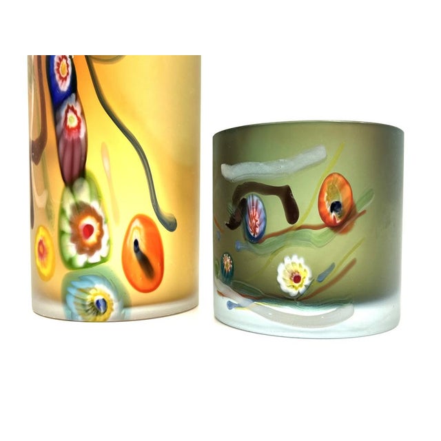 Glass Postmodern Cylindrical Vases in Vetro Satinato with Millefiori Murrine, Murano, 1980s, Set of 2 For Sale - Image 7 of 18