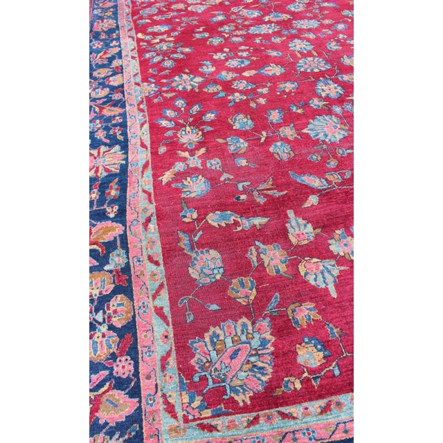 All-Over Floral Design Antique Indian Rug in Red and Blue Tones For Sale - Image 10 of 13