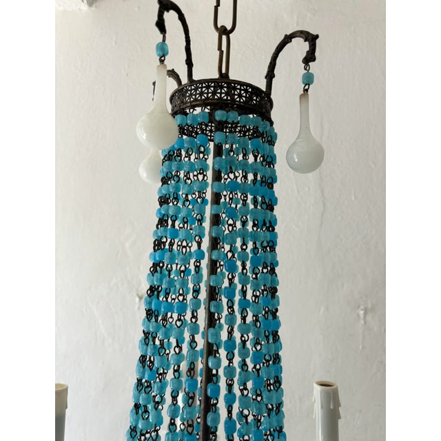 Italian Empire White Murano Opaline Beads Blue Beaded Tole Chandelier, C 1900 For Sale - Image 4 of 10