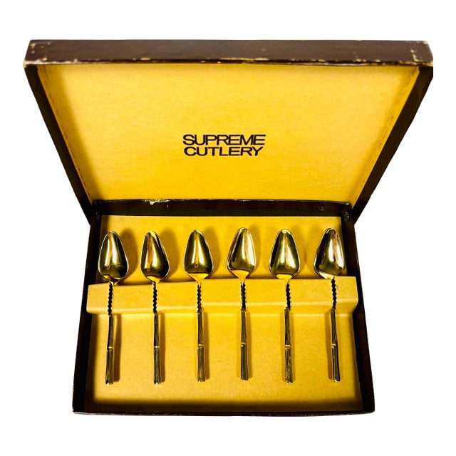 Mid 20th Century Supreme Cutlery Gold-Plated “Bamboo Motif” Demitasse Spoons in Original Presentation Case – Set of 6 For Sale