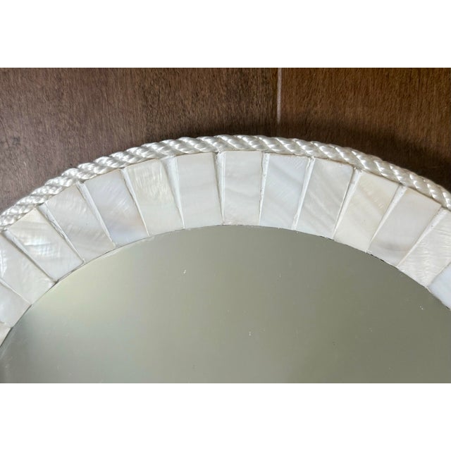 Wood White Oyster Shell Inlay Round Mirror, as in Bone Mirror; For Wall or TableTop, Handmade For Sale - Image 7 of 12