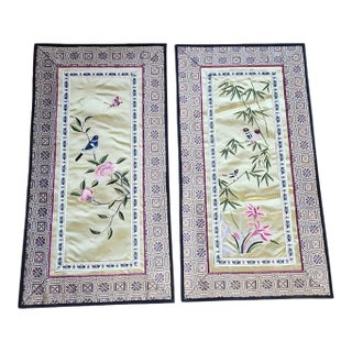 Pair Antique Chinese Hand Embroidered Silk Panels - Unframed For Sale
