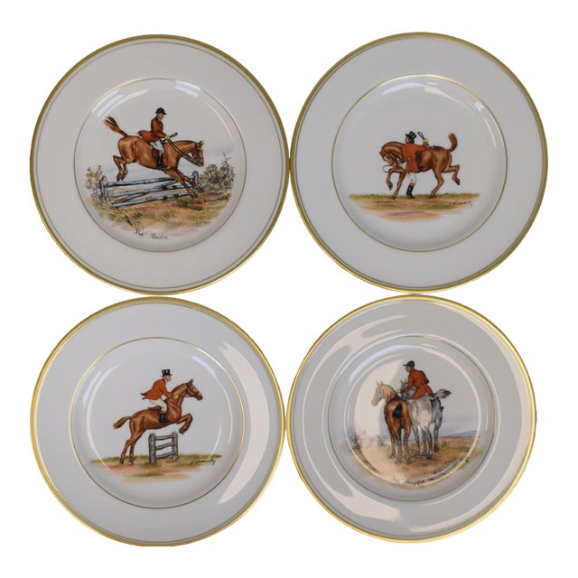 Set X 4 Frank Vosmansky X Abercrombie & Fitch Hand Painted Fox Hunt Scene Luncheon Plates For Sale