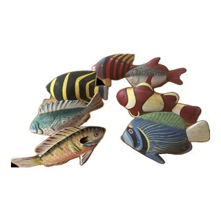 Set of Seven Hand-Carved & Hand-Painted Tropical Wooden Fish Art For Sale