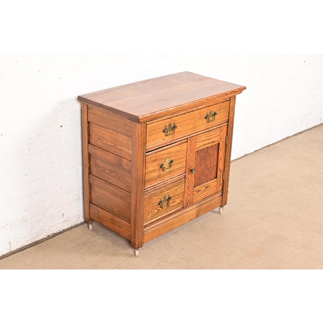 Late 19th Century Herter Brothers Style Antique Eastlake Victorian Carved Oak Washstand or Commode, Circa 1880s For Sale - Image 5 of 12