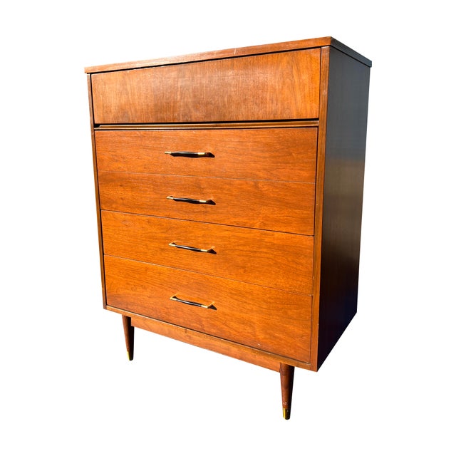 Mid Century Modern Vintage Tall Highboy Dresser With Brass Hardware For Sale - Image 10 of 11