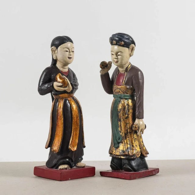 Asian Wooden Figurative Sculptures, Set of 2 For Sale - Image 6 of 9