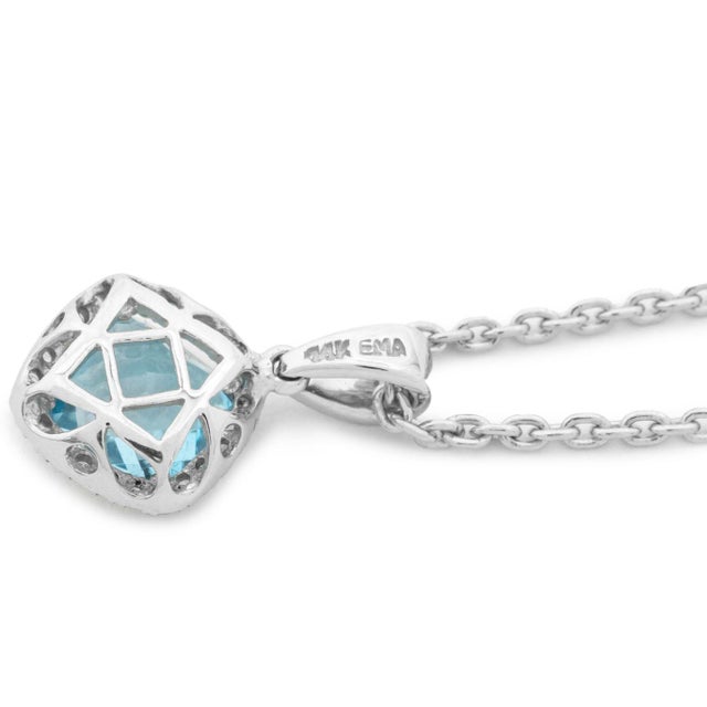 Metal 14k White Gold Blue Topaz Diamond Pendant Necklace For Sale - Image 7 of 8
