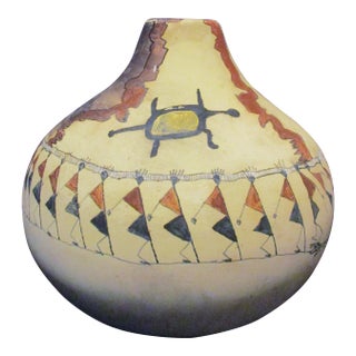 1990s Large Acoma Pottery Jar Signed Maer With Polychrome People, Stork and Frog For Sale